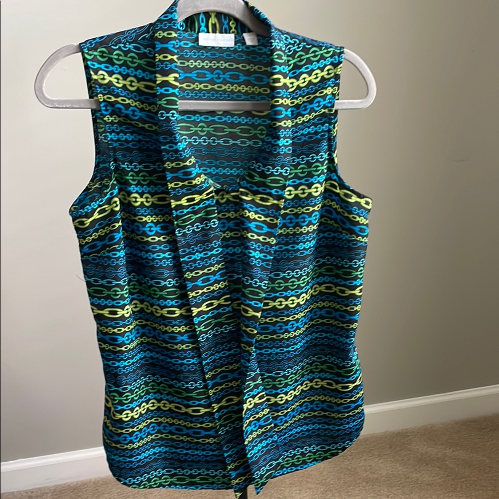 New York & Company Sleeveless Blue and Green Blouse with Notched Collar
